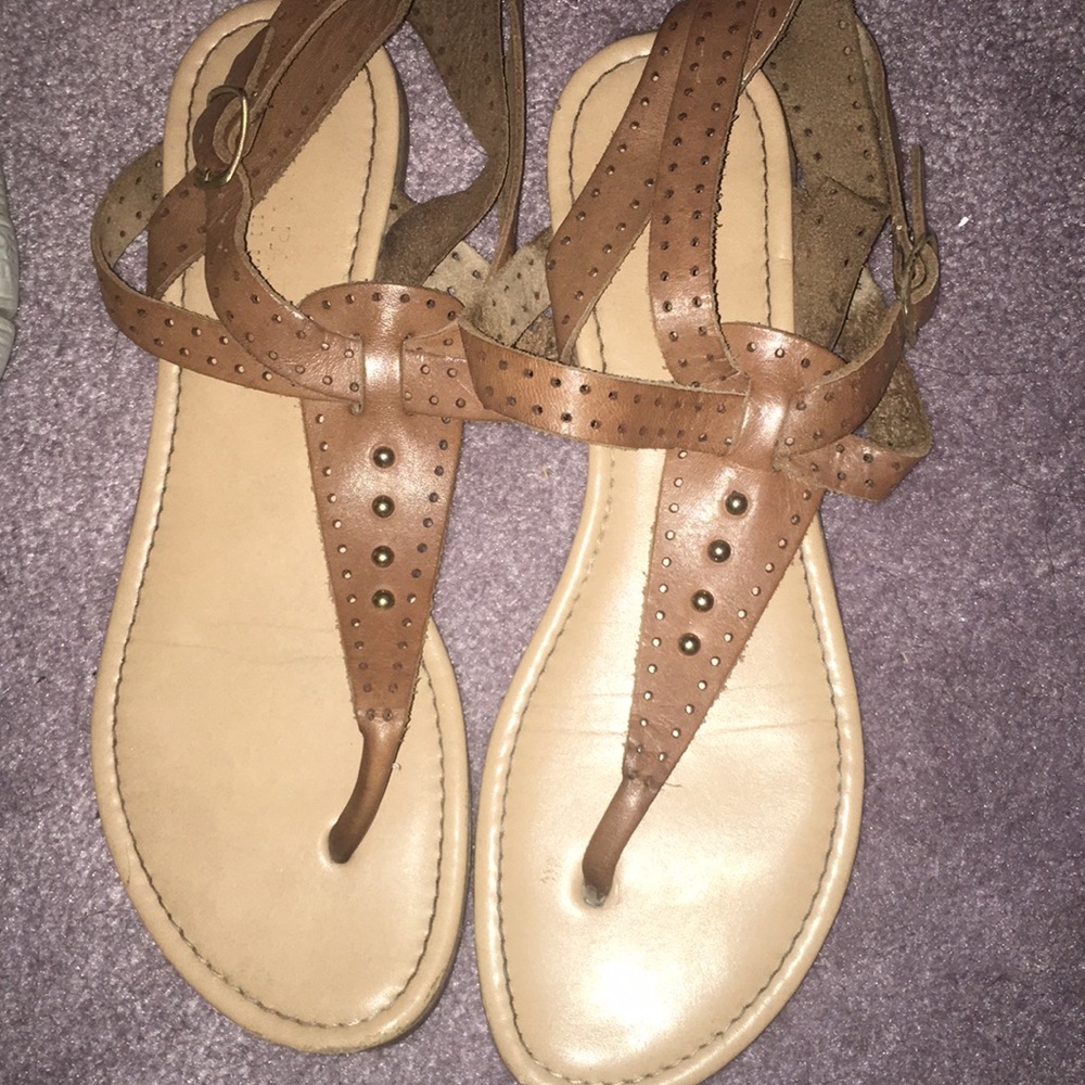 Brown and gold double strap ankle sandals